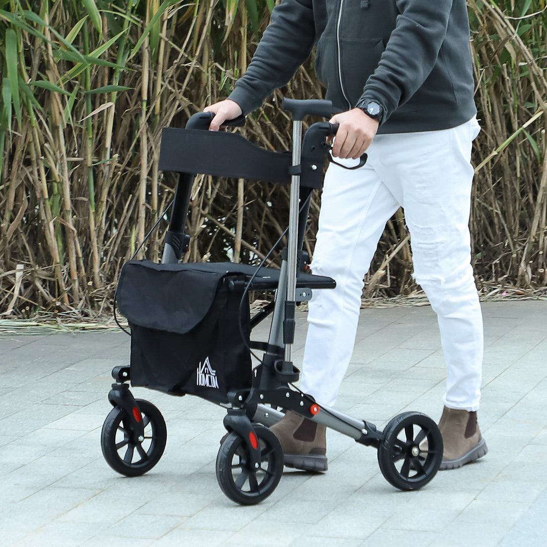 4 Wheel Rollator with Seat and Back, Folding Mobility Walker with Carry Bag, Adjustable Height, Dual Brakes, Cane Holder, Lightweight Aluminium Walking Frame for Seniors and Disabled, Silver