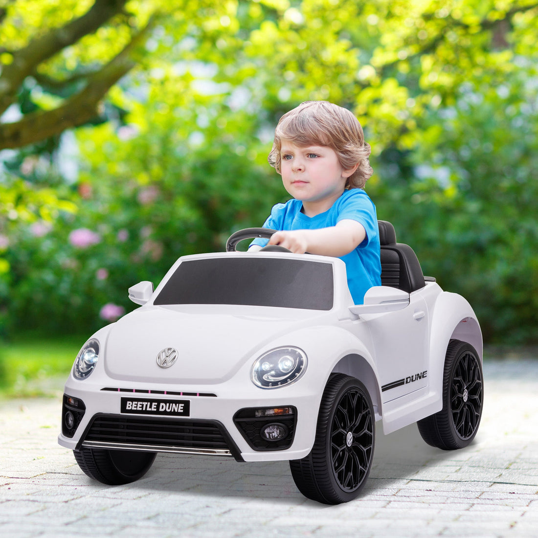 Volkswagen Beetle Licensed 12V Ride on Car w/ Remote Control, Suspension Wheels, Soft Start, Lights, Music, White