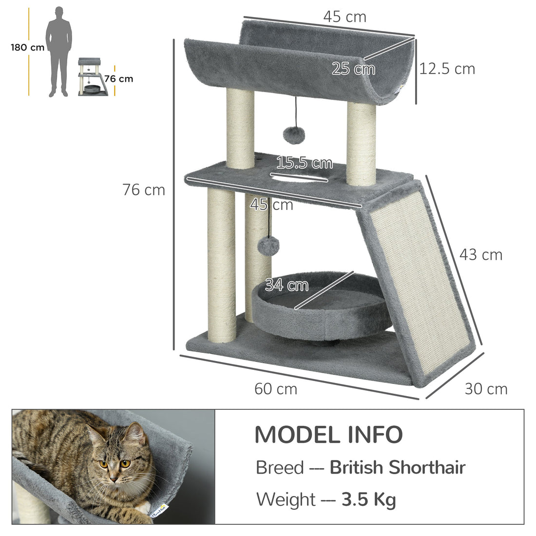 Cat Tree Tower, with Scratching Posts, Pad, Bed, Perch, Toy Ball - Light Grey