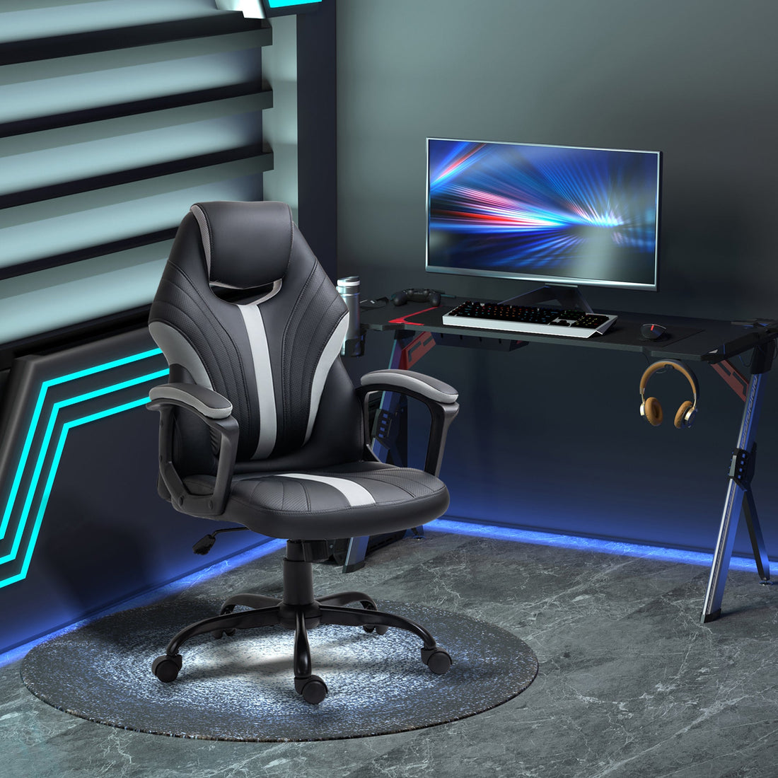 Computer Gaming Chair, Desk Chair with Breathable PU Leather Back and Seat, Soft Padded Armrests and Rolling Wheels for Adults and Gamers, Black