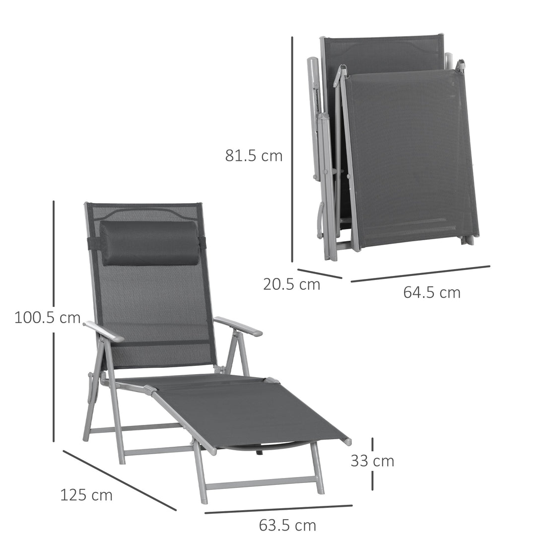 Steel Fabric Sun Lounger Outdoor Folding Chaise Lounge Chair Recliner with Portable Design & 7 Adjustable Backrest Positions - Dark Grey
