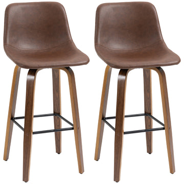 Bar Stools Set of 2, Breakfast Bar Chairs, PU Leather Upholstered Kitchen Stools with Backs and Wood Legs, Brown