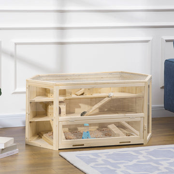 3 Tier Wooden Large Hamster Cage with Sliding Tray, Seesaws, Water Bottle, Natural