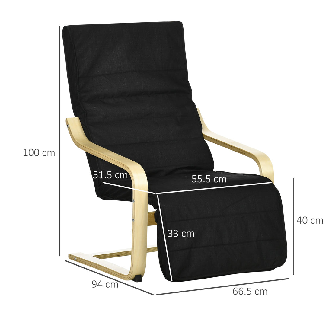 Wooden Lounging Chair Deck Relaxing Recliner Lounge Seat with Adjustable Footrest & Removable Cushion Cover, Black