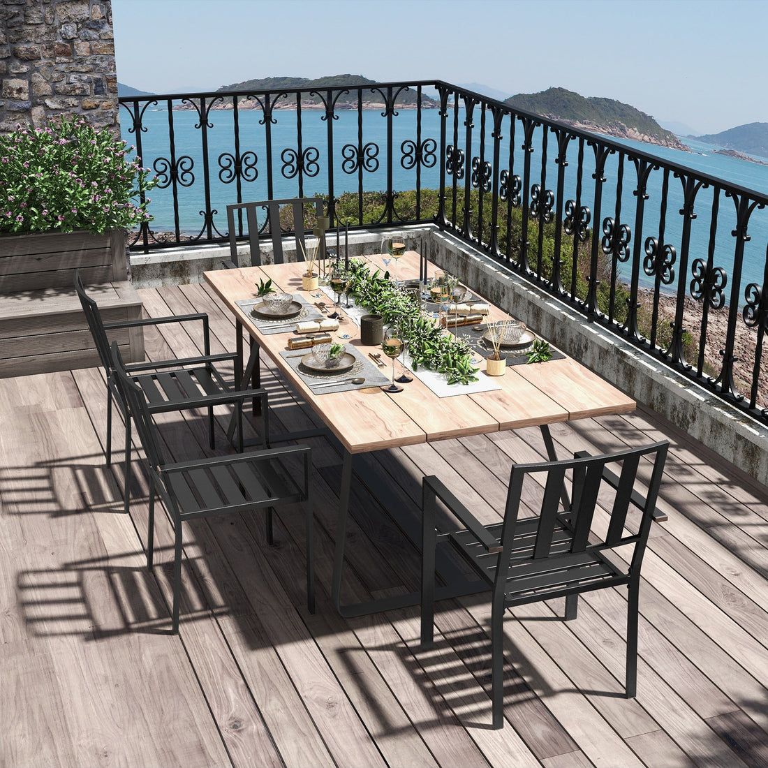 Set of Four Minimal Metal Garden Chairs - Black