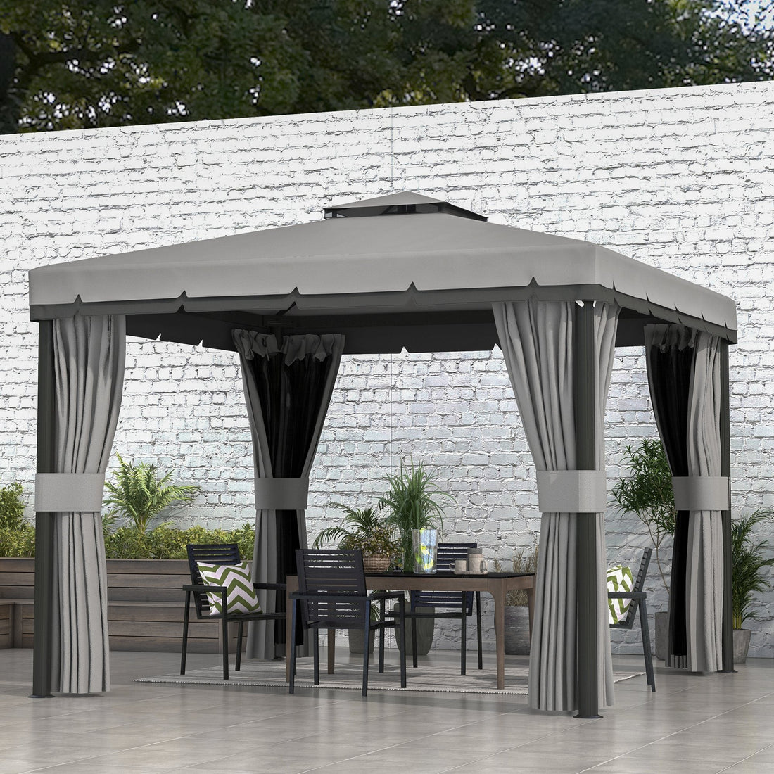 3 x 3(m) Patio Gazebo Canopy Garden Pavilion Tent Shelter Marquee with 2 Tier Roof, Netting and Curtains, Light Grey