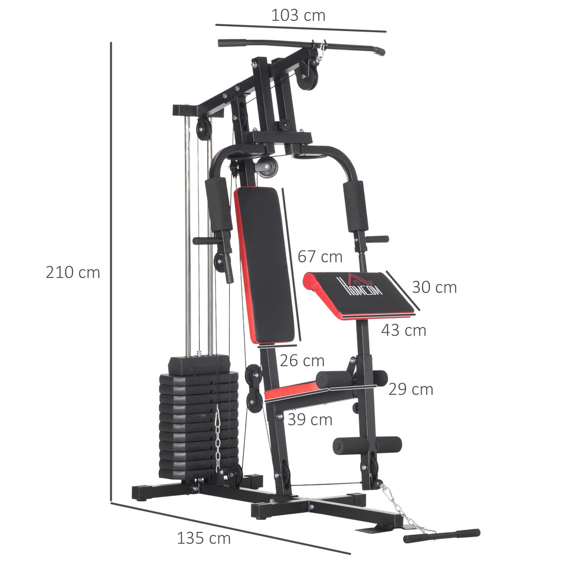 Multigym Station, with 66KG Weight Stack, for Strength Training - Red & Black