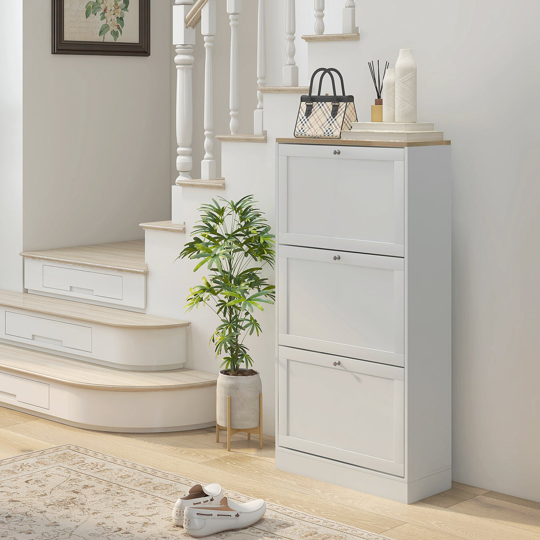 Modern Compact Three-Drawer Shoe Storage Cabinet - White