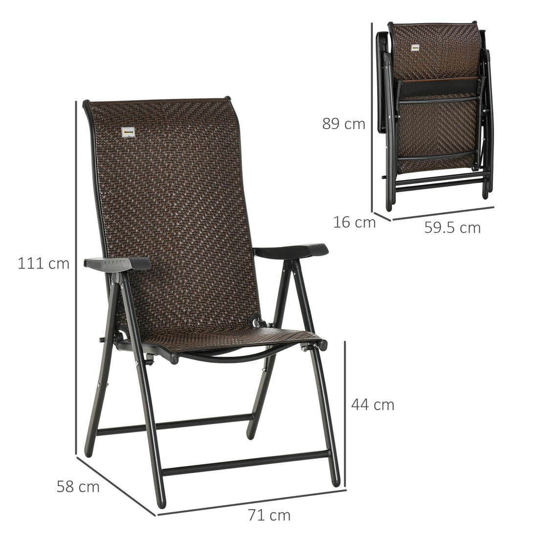 Set of Two Folding Garden Chairs, with Seven-Position Adjustable Backs - Brown