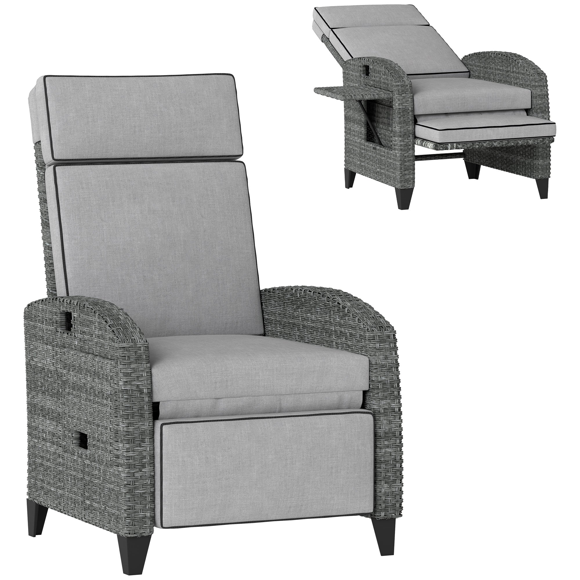 Outdoor Recliner Chair with Adjustable Backrest and Footrest, Cushion, Side Tray, Light Grey