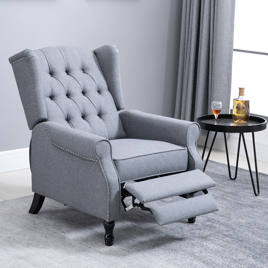 Recliner Armchair, Vintage Reclining Chair with Nail Head Trim, Wingback Chair with Button Tufted Back and Footrest, for Living Room, Grey