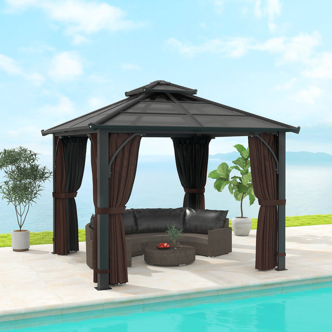 3 x 3(m) Hardtop Gazebo Canopy with 7mm Double Polycarbonate Roof, Garden Gazebo Permanent Pavilion with Mosquito Netting and Curtains for Patio, Deck, Brown