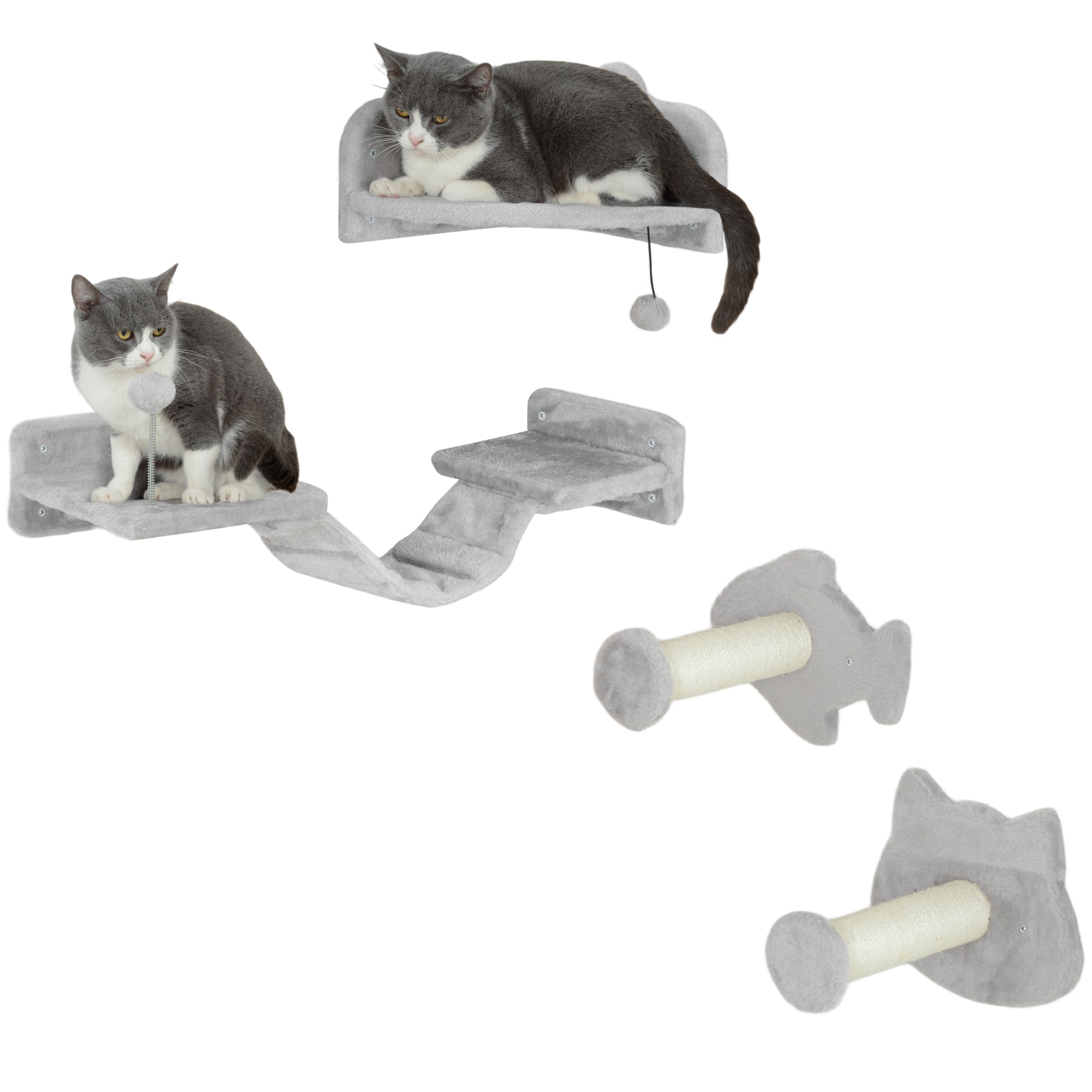 4-Piece Cat Wall Shelves with Steps, Ladder, Jumping Platforms, Light Grey