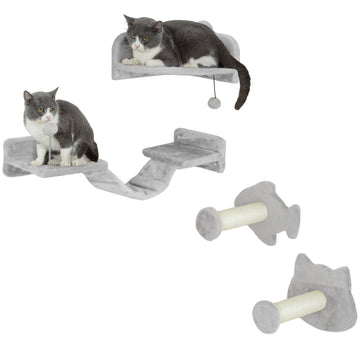 4-Piece Cat Wall Shelves with Steps, Ladder, Jumping Platforms, Light Grey
