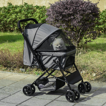 Pet Stroller Pushchair Foldable Travel Dog Cat Carriage w/ Reversible Handle Brake Basket
