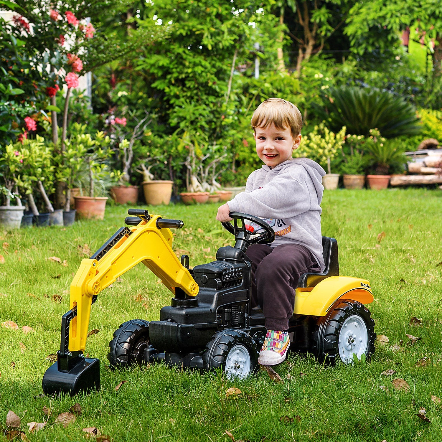 Kids Ride on Digger Pedal Go Kart Pretend Play Construction No Power Truck with Horn for 3 - 6 Years, Yellow