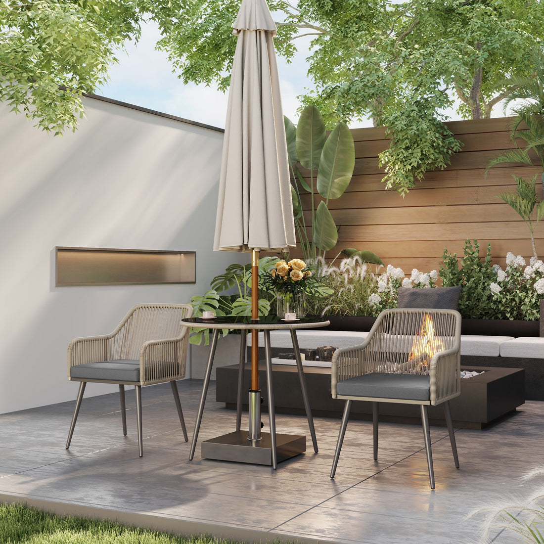 4 Seater Rattan Dining Set, Rattan Garden Furniture Set with Parasol Hole, Outdoor Dining Table and Chairs Set with Cushions, Round Glass Top Table for Patio, Balcony, Light Brown