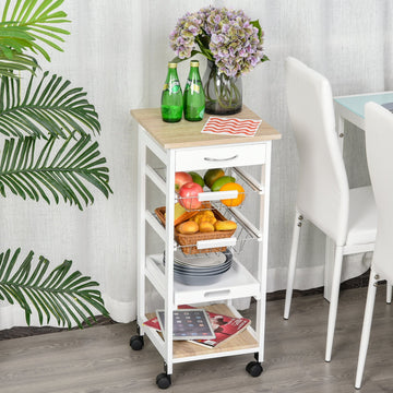 HOMCOM Mobile Rolling Kitchen Island Trolley for Living room, Serving Cart with Drawer & Basket, White