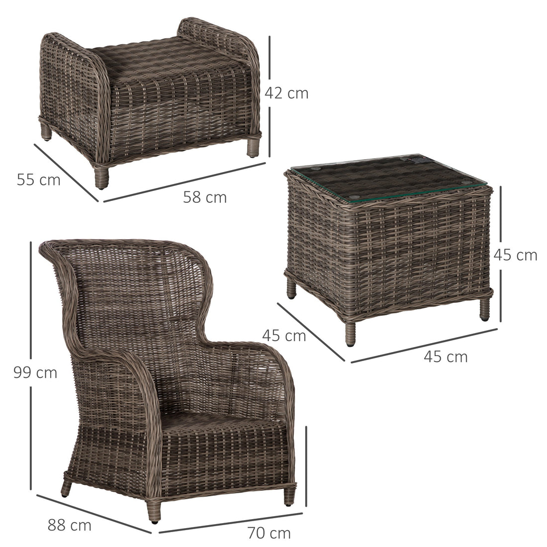 5 PCS Deluxe Garden Rattan Furniture Sofa Chair & Stool Table Set Patio Wicker Weave Furniture Set Aluminium Frame Fully-assembly - Brown