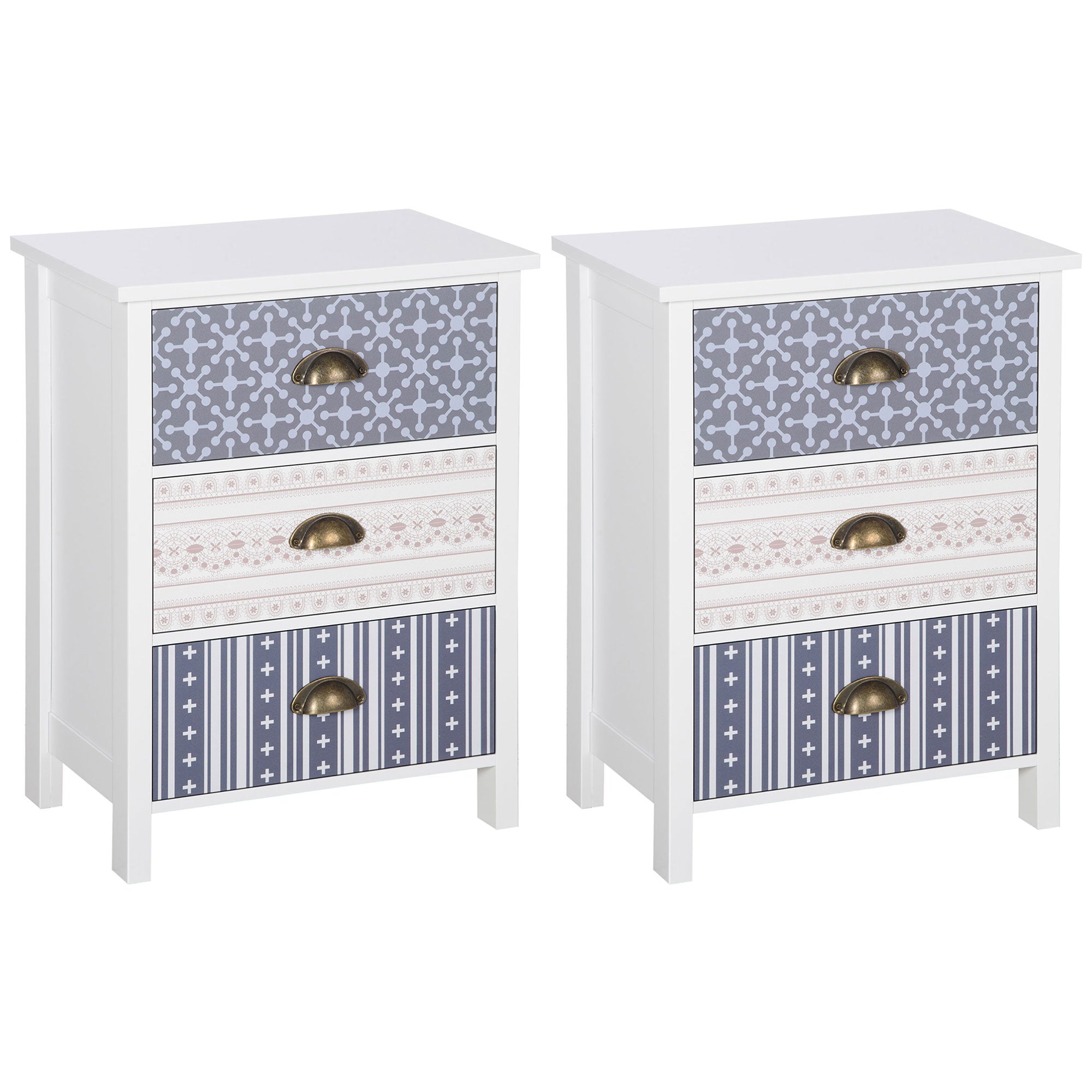 Bedside Table Set of 2 Chest of 3 Drawers Shabby Chic Nightstands with Metal Handle Sofa Side Table for Living Room, Bedroom,Purple