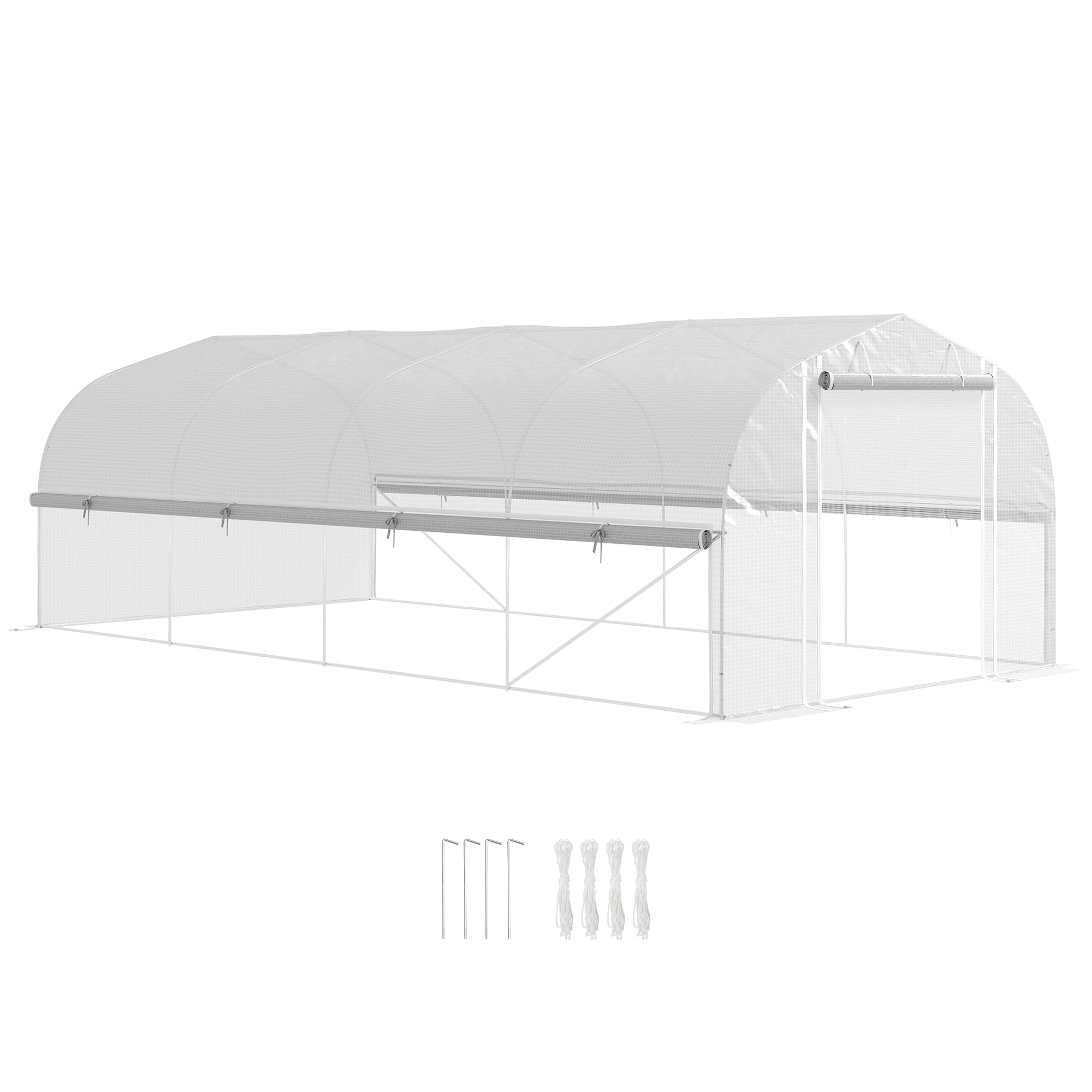 6 x 3 x 2m Walk-in Polytunnel Greenhouse, Zipped Roll Up Sidewalls, Mesh Door, 8 Mesh Windows, Tunnel Warm House Tent with PE Cover, Complimentary Plant Labels and Gloves, White