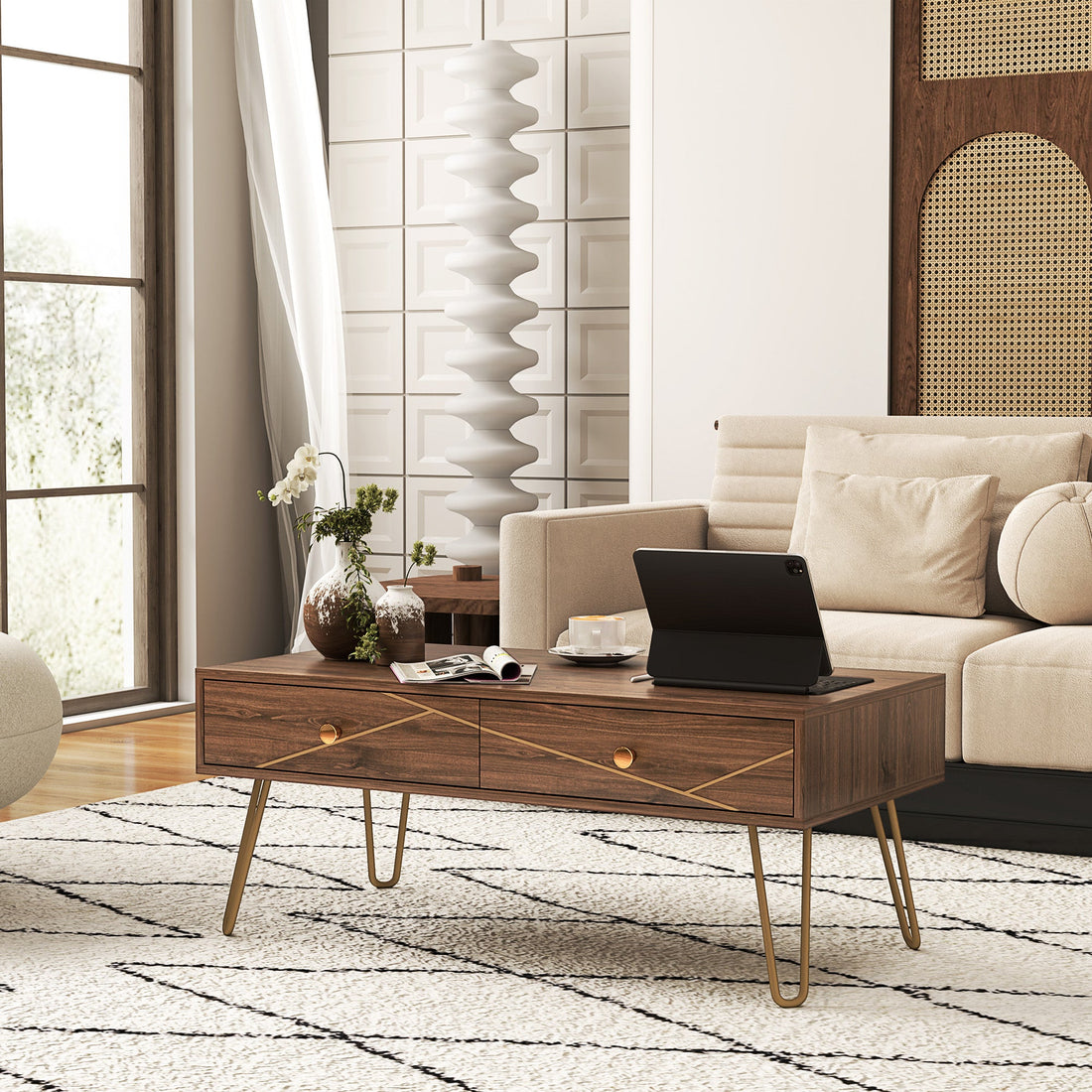 Coffee Table with Storage, Living Room Table with Drawers, Rectangular Tea Table with Steel Base for Home, 100 x 50 x 41 cm, Brown