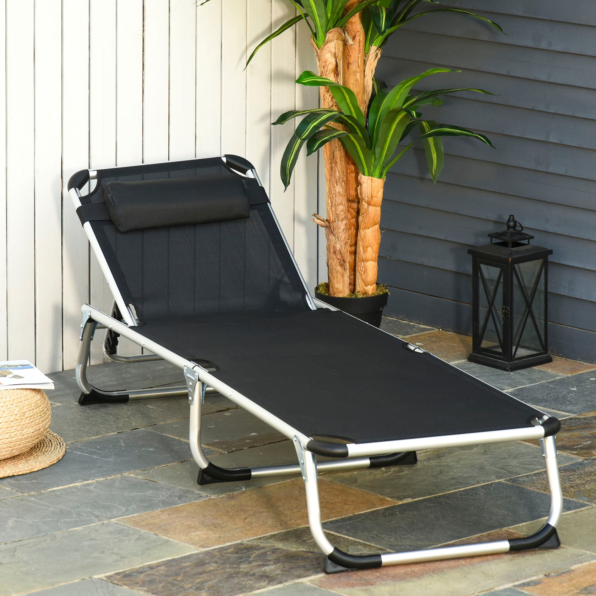 Foldable Outdoor Sun Lounger, Reclining Lounge Chair Camping Bed Cot with Pillow 4-Level Adjustable Back Aluminium Frame, Black
