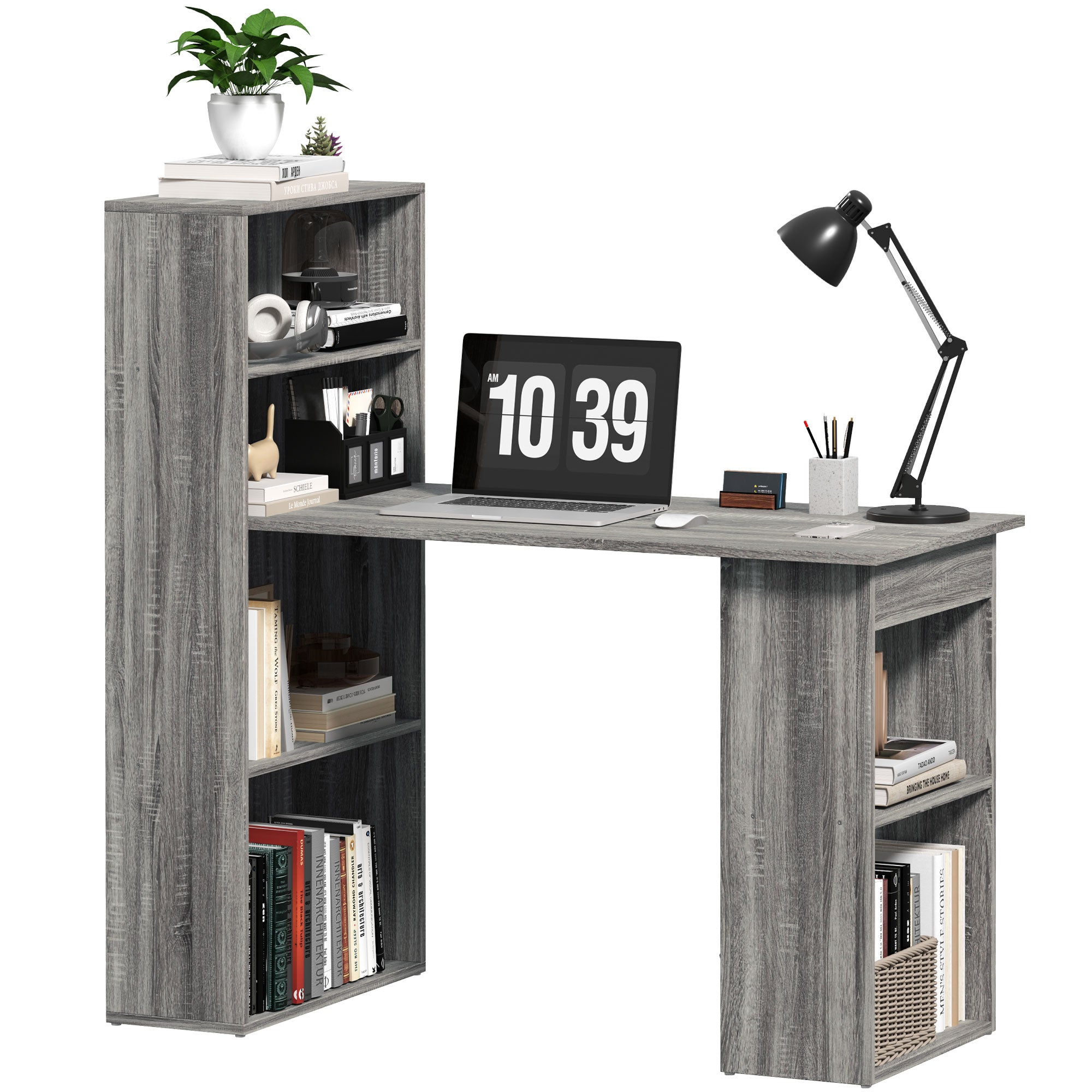 120cm Computer Desk, Wooden PC Laptop Table with 6-Tier Storage Bookshelves, Home Office Working Study Desk, Writing Workstation, Grey