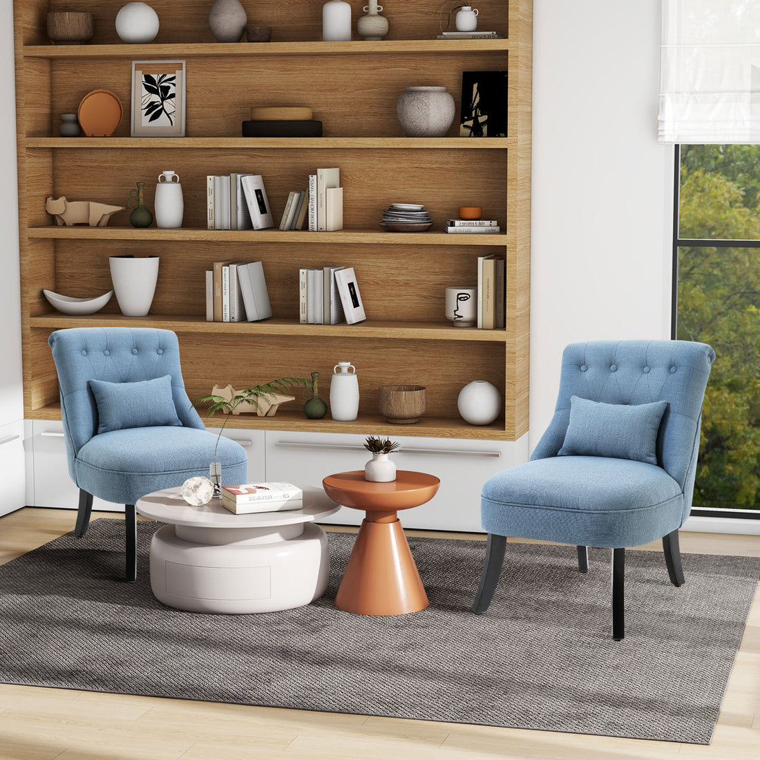 Fabric Single Sofa, Tub Chair, Upholstered Bedroom Chair with Pillow, Solid Wood Leg for Home, Living Room, Dining Room, Set of 2, Blue