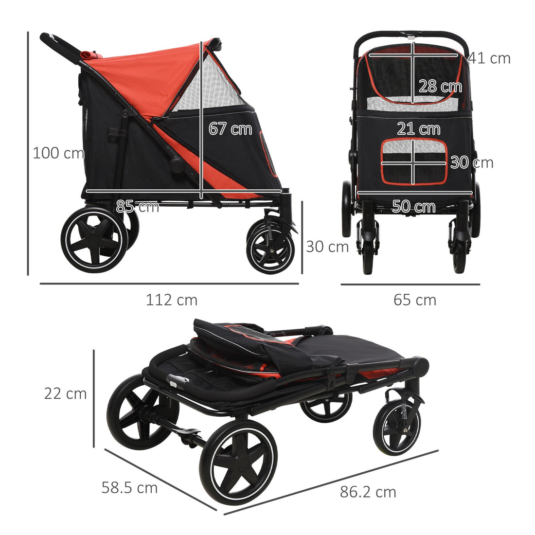 Foldable Pet Stroller, with Universal Wheels, Shock Absorber, for Medium and Large Dogs - Red