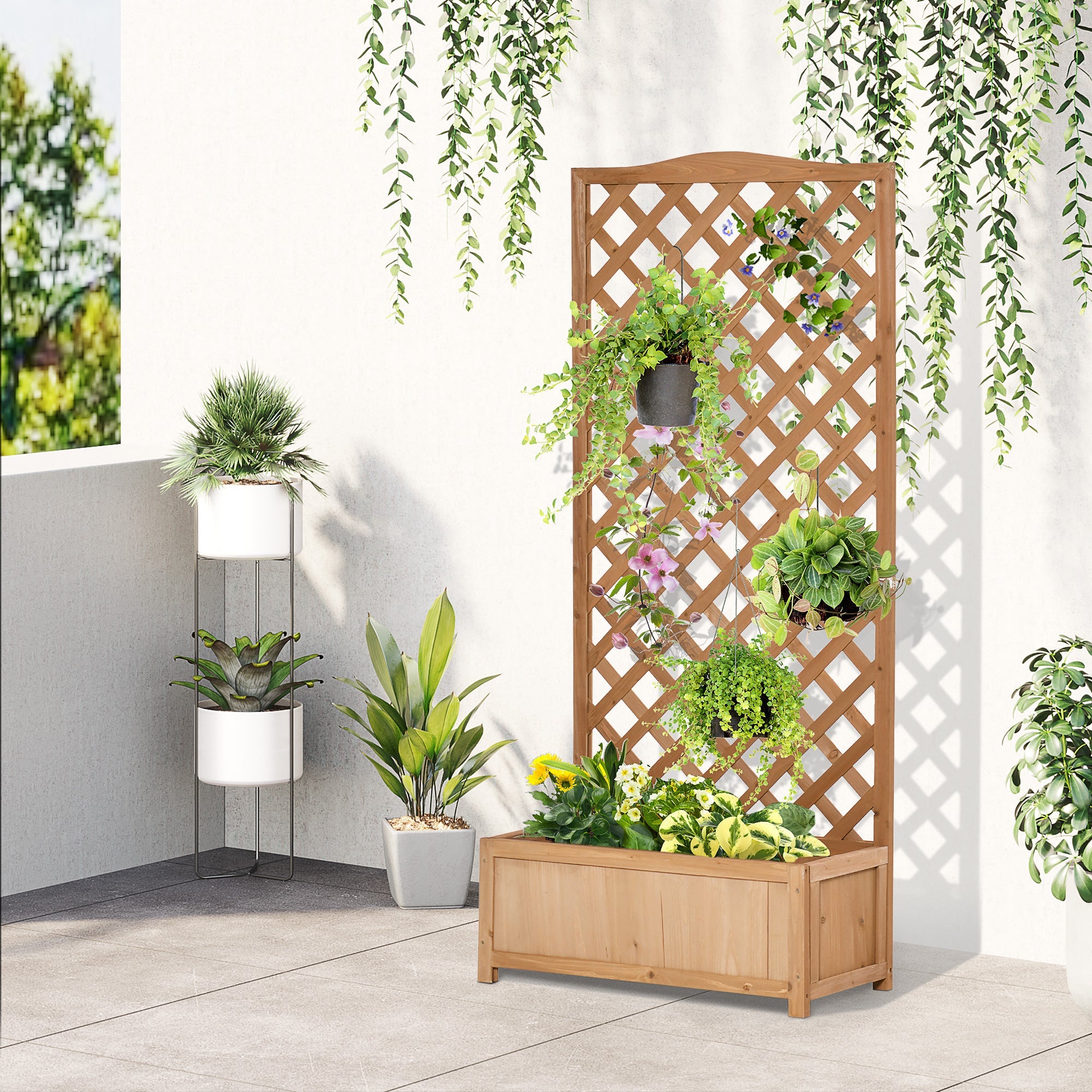 53L Garden Wooden Planter Box with Trellis Free Standing Flower Raised Bed with Lattice for Climbing Plants, 76cm x 36cm x 170cm, Brown