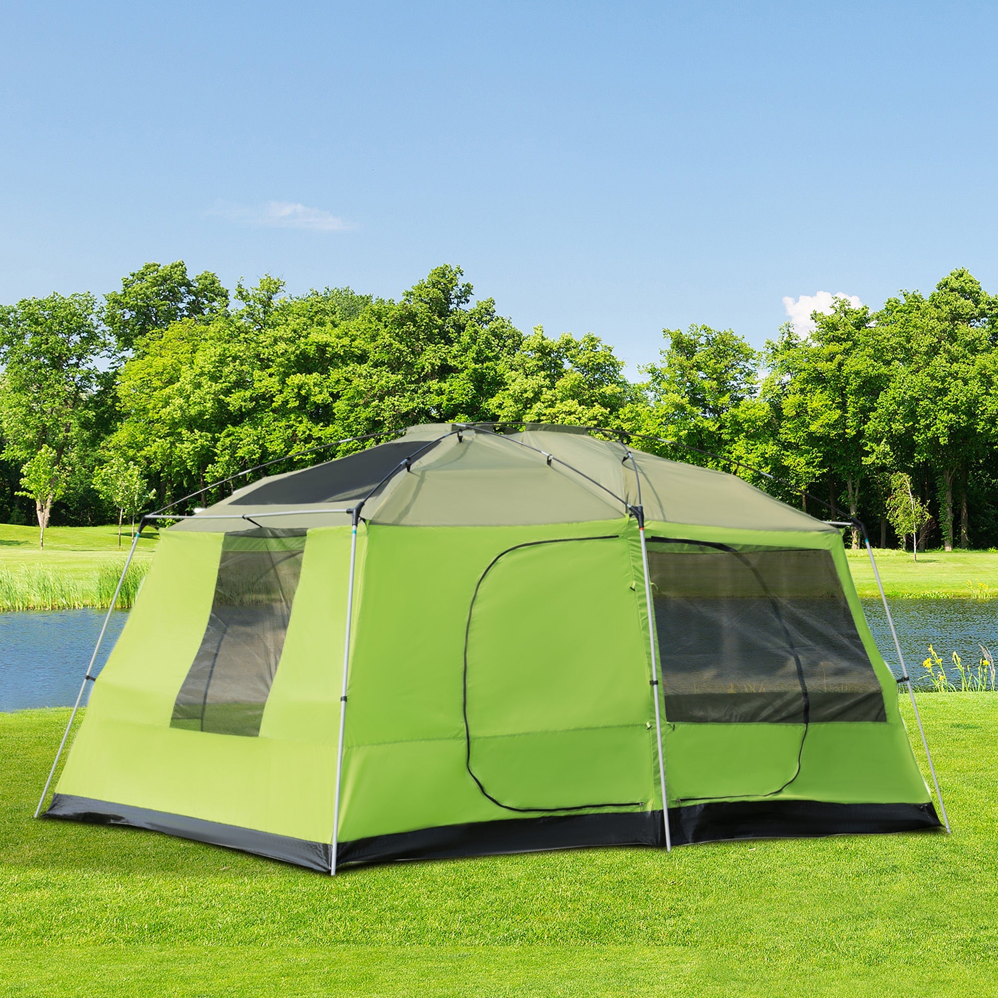 Tunnel Tent Camping Shelter w/ Porch, Two Rooms, Lamp Hook, Portable Carry Bag