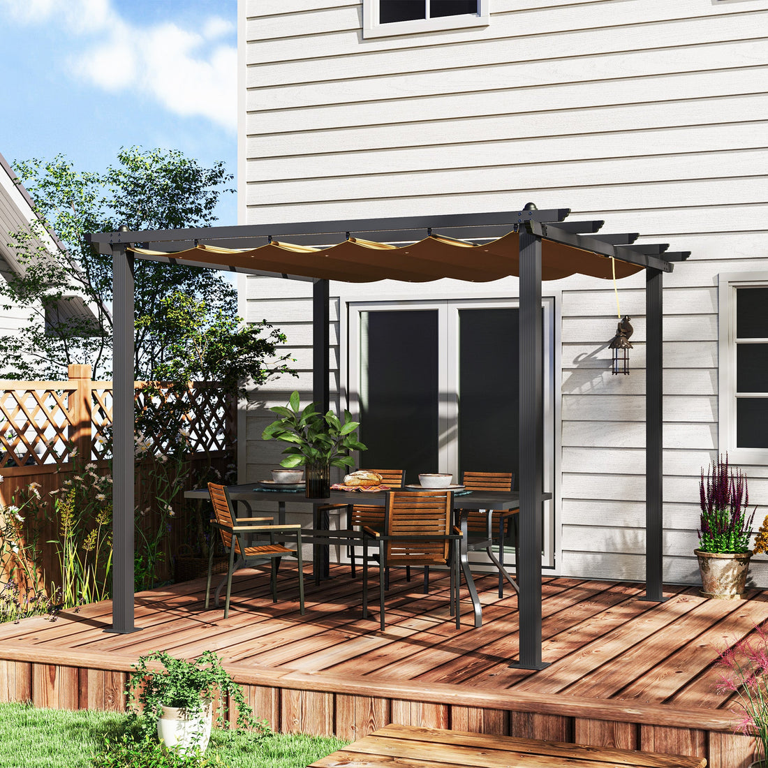 3 x 3m Aluminium Pergola, with Retractable Roof - Khaki
