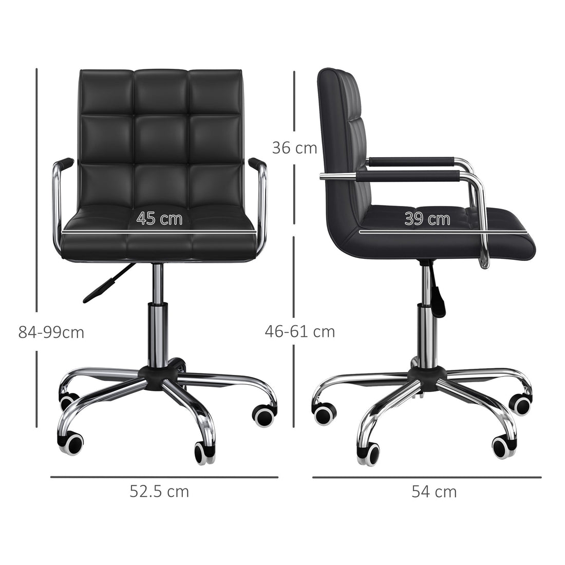 Office Chair, Makeup Vanity Chair, Mid Back Computer Chair, PU Leather Swivel Study Chair with Adjustable Height, Armrest and Rolling Wheels, Black