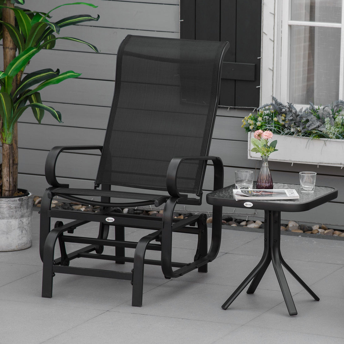 Outdoor Gliding Rocking Chair with Sturdy Metal Frame Garden Comfortable Swing Chair, Black