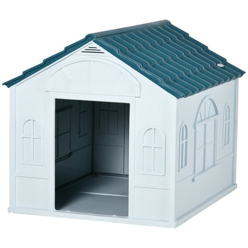 Plastic Weather-Resistant Dog House, for Indoors and Outdoors, Large Dogs - White and Blue