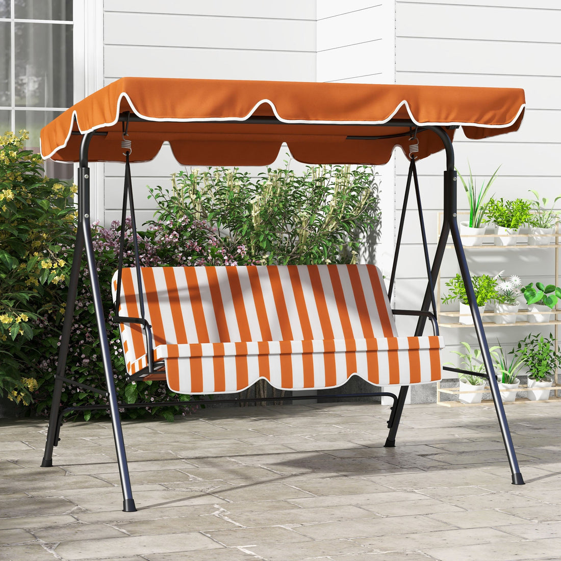 3 Seater Garden Swing Chair, Outdoor Swing Chair with Adjustable Canopy, Mental Frame & Cushions, Orange