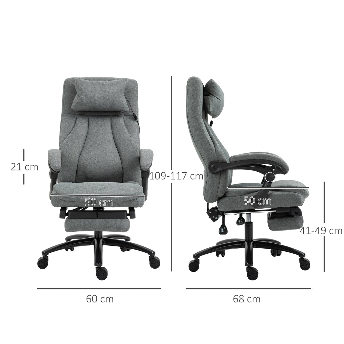 Office Chair, Fabric Desk Chair with Adjustable Massage Pillow, USB Power and Retractable Footrest, High Back, 360° Swivel, for Home, Grey