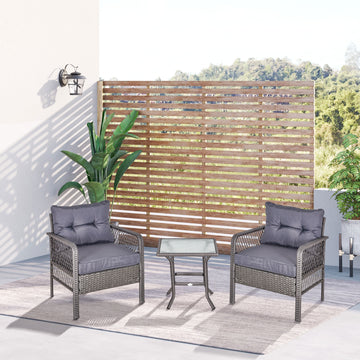 3 Pieces Rattan Bistro Set with Glass Top Coffee Table, Chairs and Cushions for Outdoor, Patio, Balcony, Grey