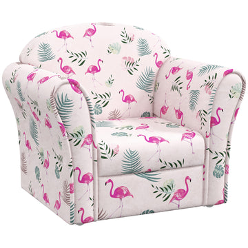 Kids Armchair with Flamingo Design, Wooden Frame, for Bedroom, Playroom, Kids Room - Pink