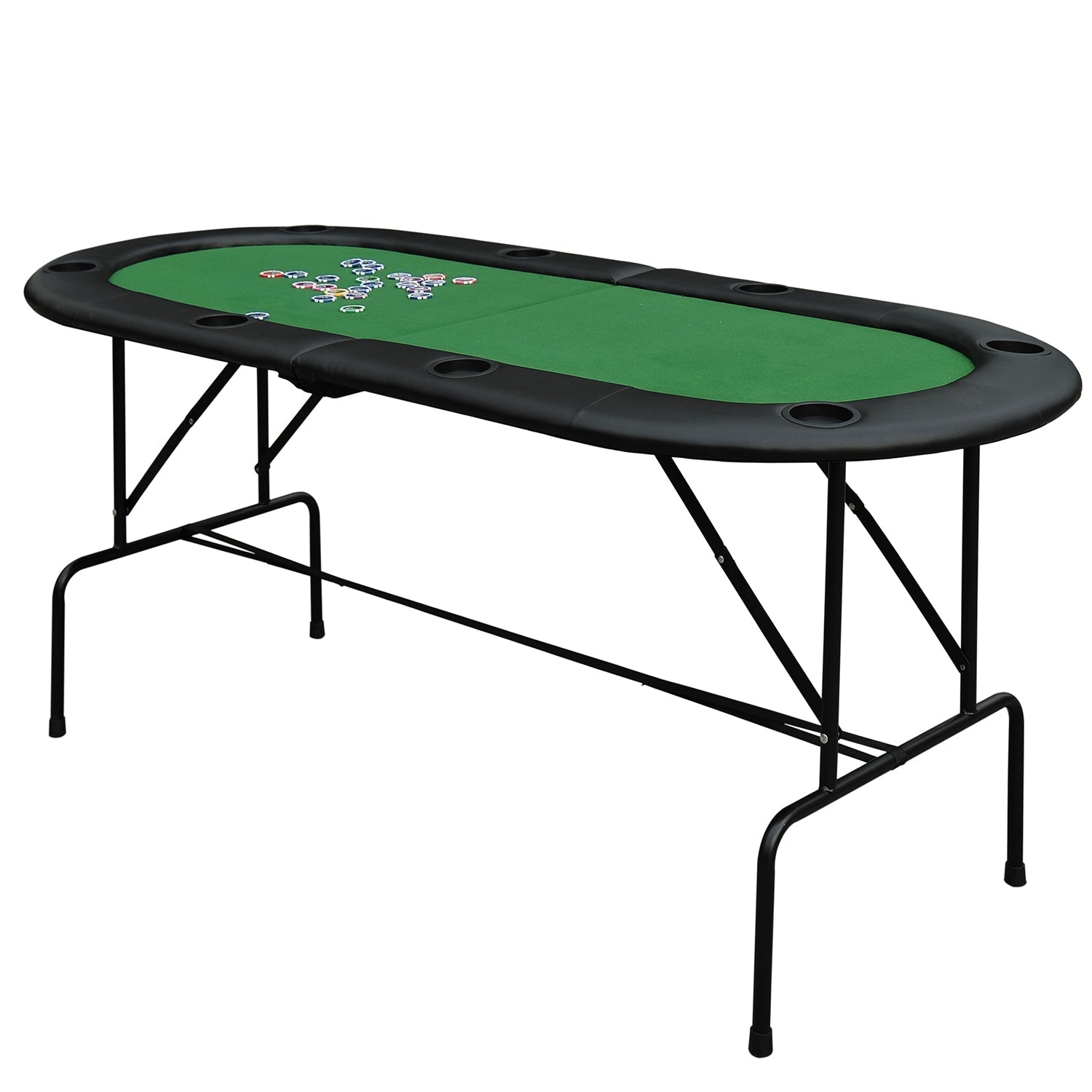 8 Player Folding Poker Table, Oval Portable Blackjack Casino Table with Cup Holder, Felt Top and Metal Base, 183 x 82 x 75cm, Green and Black