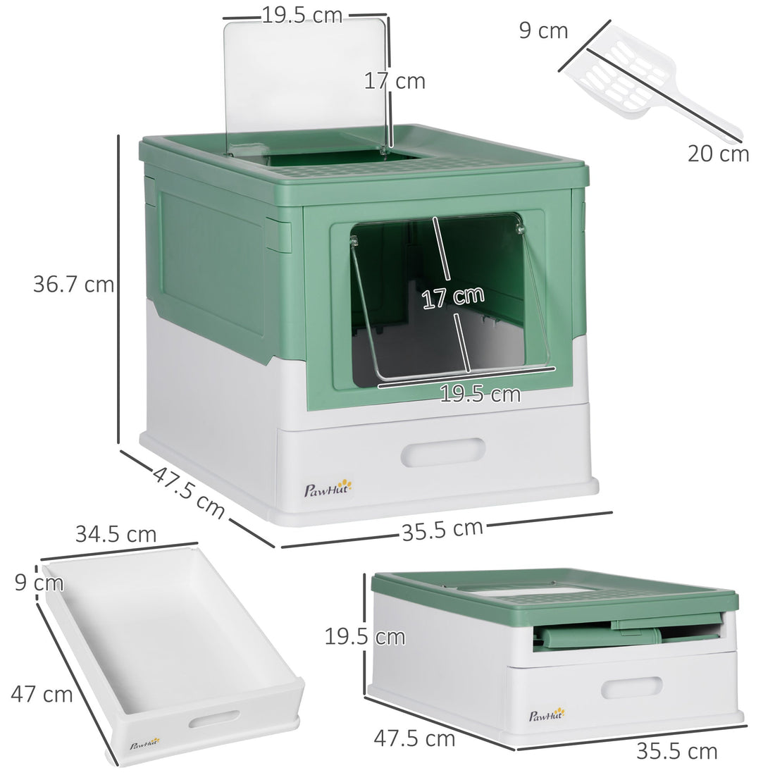Hooded Cat Litter Box, Portable Pet Toilet, with Scoop, Front Entry - Green