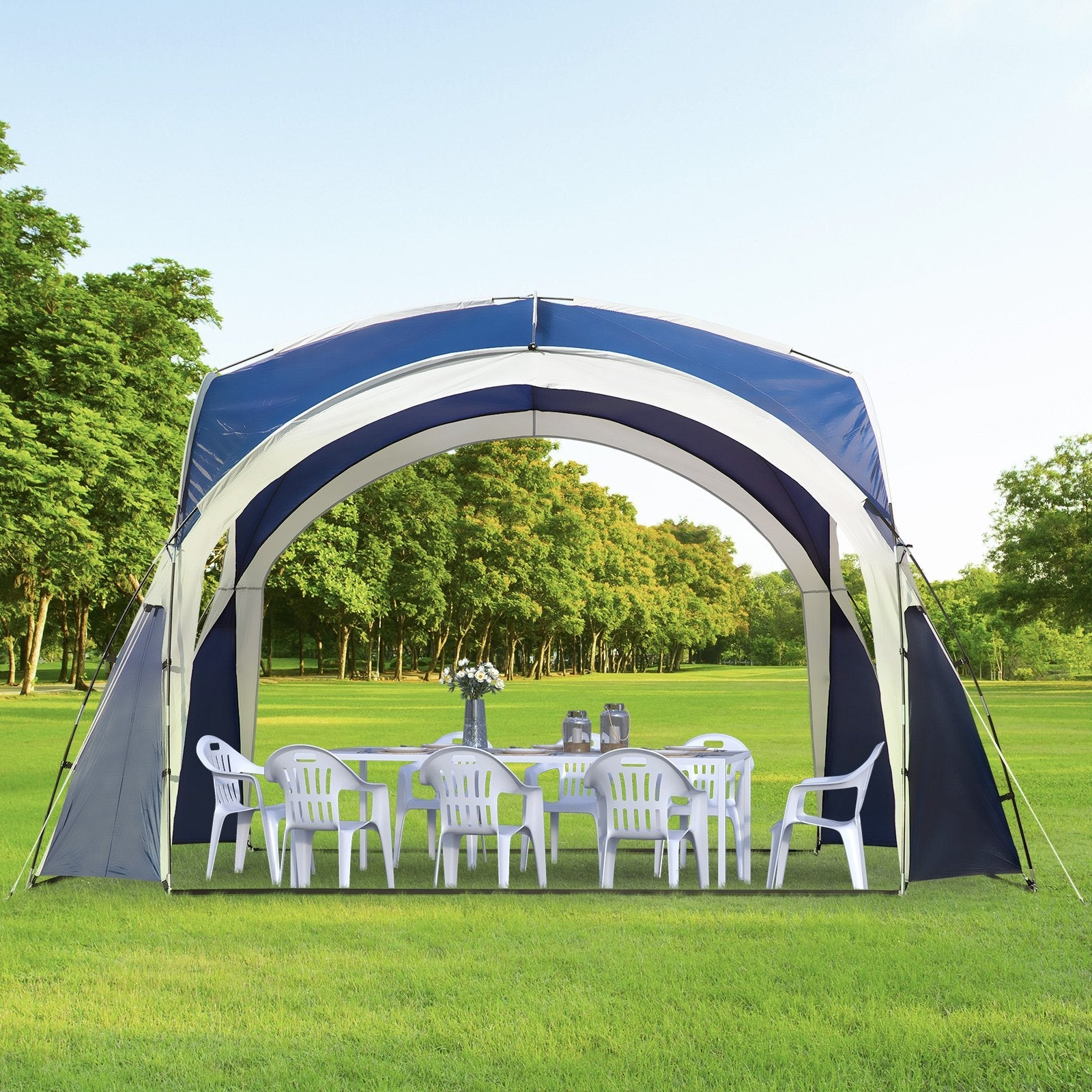 3.5 x 3.5M 6-8 Person Camping Gazebo, Outdoor Event Shelter Dome Tent Garden Sun Shelter Patio Spire Arc Pavilion Camp Sun Shade, Blue and Grey