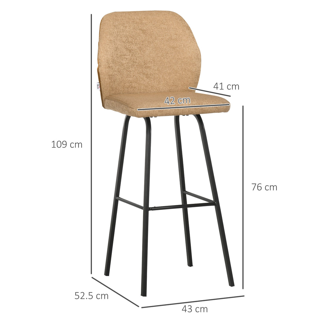Bar Stools Set of 2, Linen-Touch Upholstered Bar Chairs, Kitchen Stools with Backs and Steel Legs for Dining Room, Light Brown