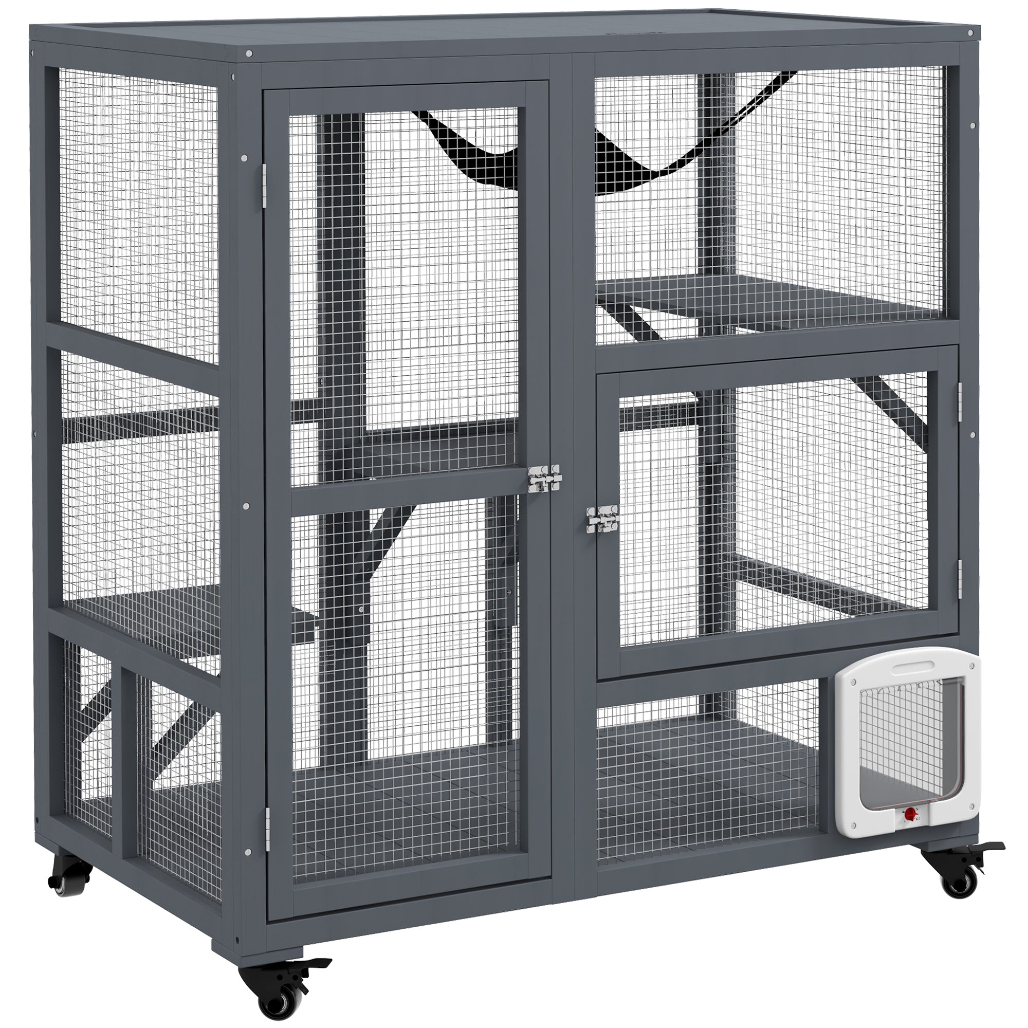 Cat House, Wooden Indoor Catio Cat Enclosure on Wheels, Wooden Kitty Cage with Platforms, Hammock, Light Grey