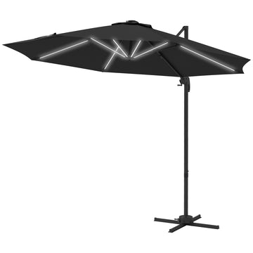 3(m) Adjustable Cantilever Parasol with Base, Solar LED Lights, Dark Grey