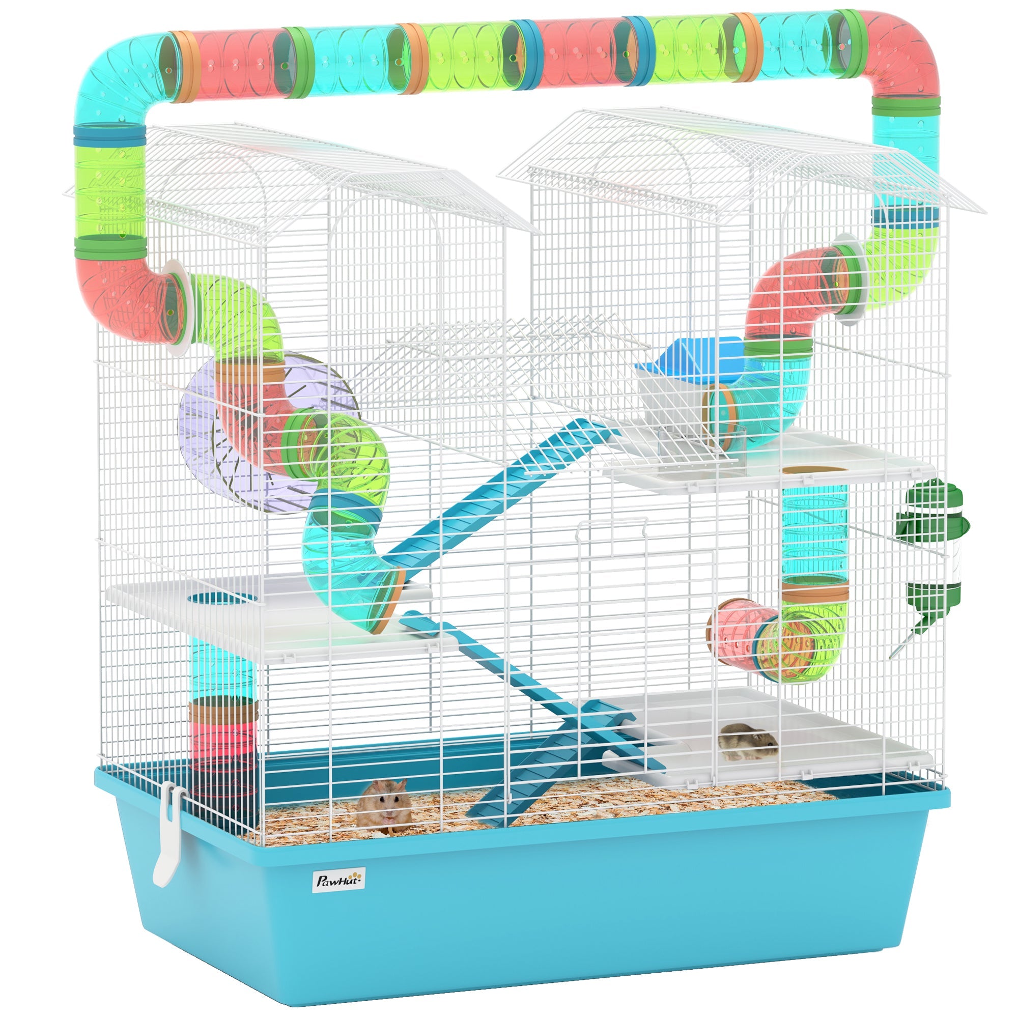 4 Tier Hamster Cage w/ Tubes, Exercise Wheel, Hut, Water Bottle, Food Dish, Ramps, for Dwarf Hamster, Light Blue