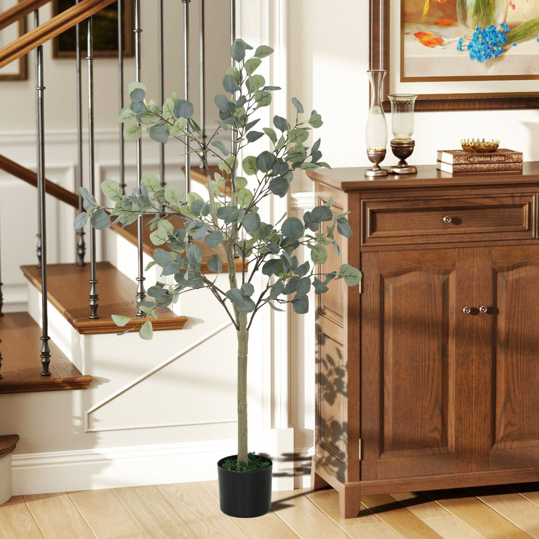 Decorative Artificial Tree, 5ft/ 150cm Silk Eucalyptus Tree with 230 Silver Dollar Leaves in Pot, Fake Plant for Home, Office, Living Room, Indoor Decor