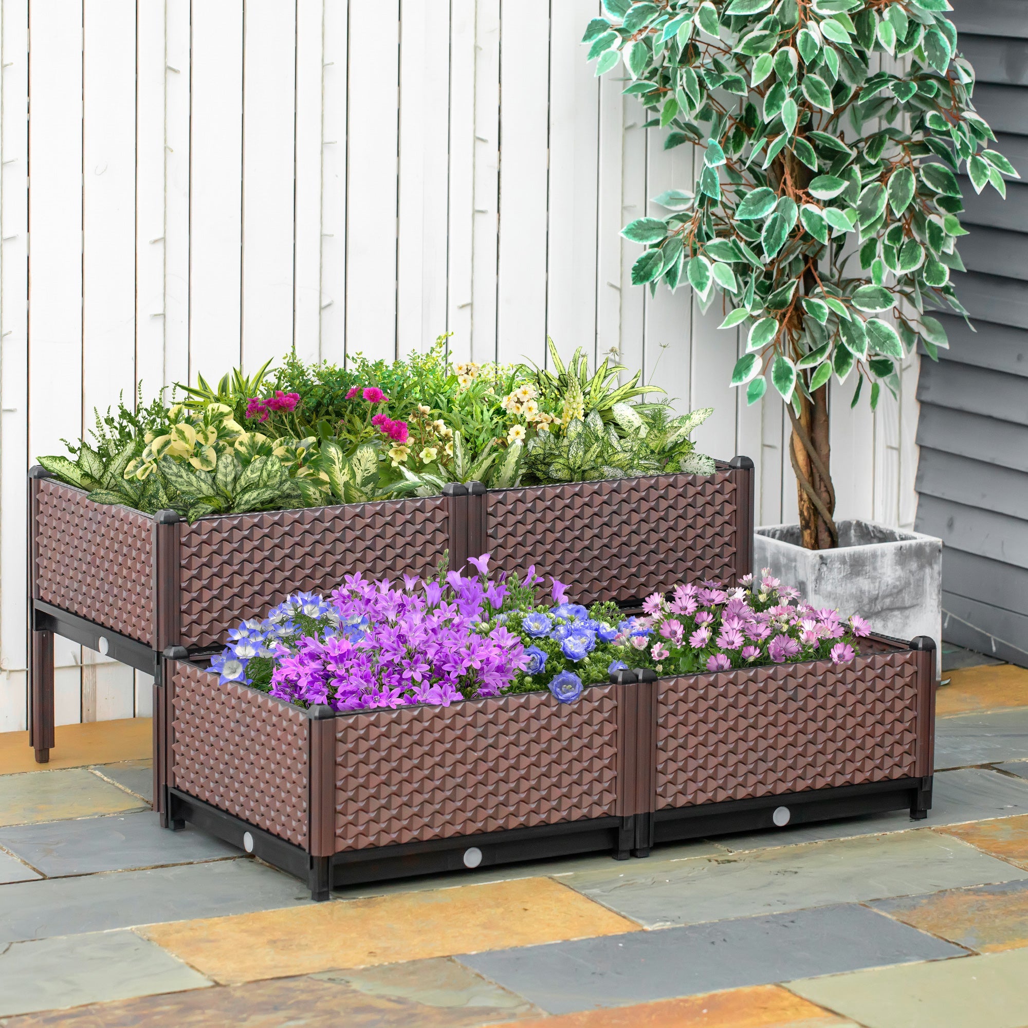 50cm x 50cm x 46.5cm Set of 4 41L Garden Raised Bed Kit, PP DIY Elevated Planter Box, Flower Vegetables Planting Container with Self-Watering Design and Drainage Holes