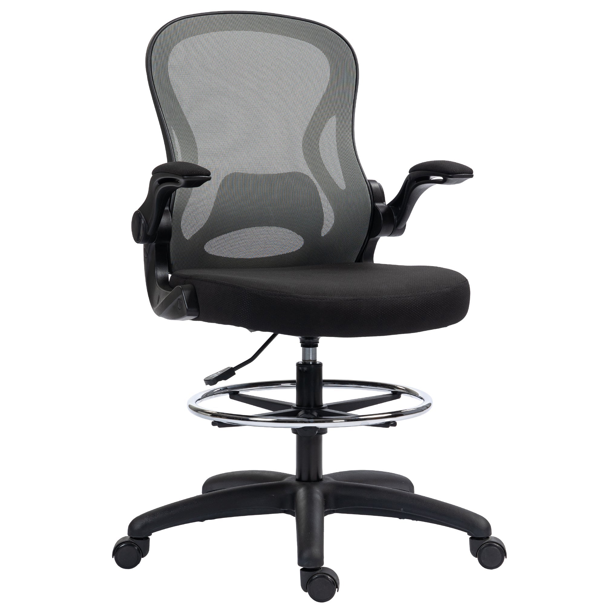 Adjustable Mesh Standing Desk Chair with Flip-up Armrests Lumbar Support Armrests Adjustable Footrest Ring, Dark Grey